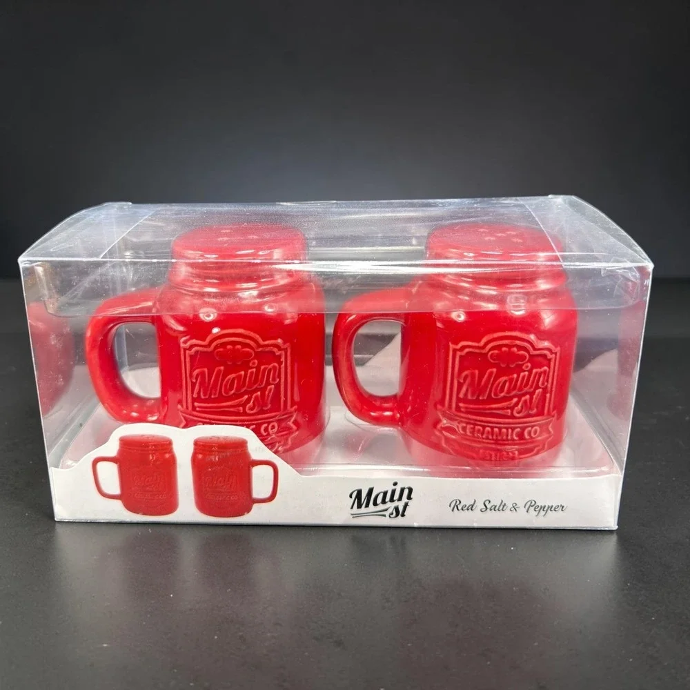 American Atelier Main St Ceramic Co Red Mason Jar Mug Salt and Pepper Shaker Set